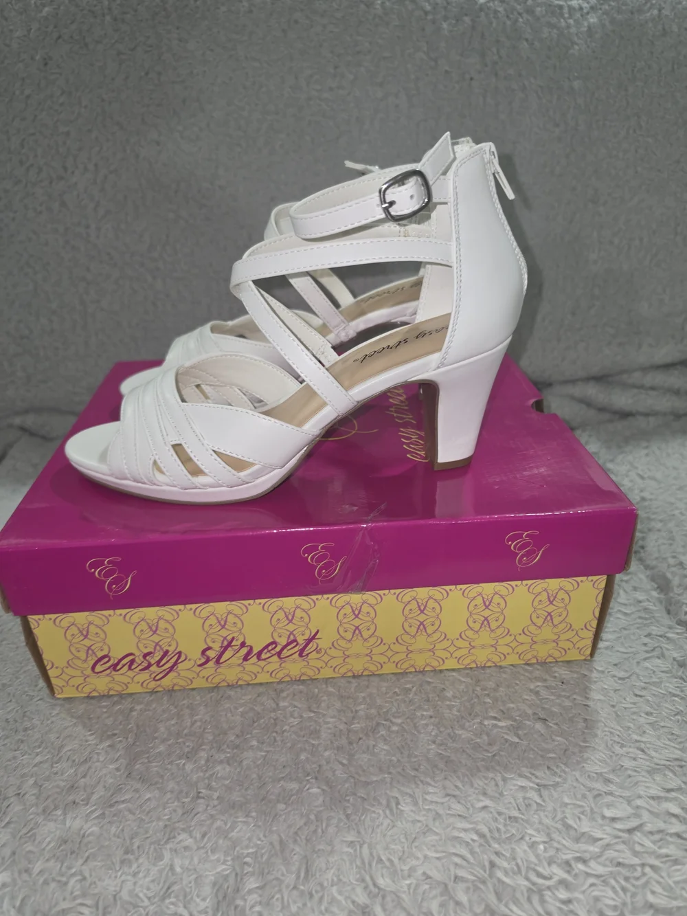 easy street White Strappy Ankle-Wrap Heeled Sandals